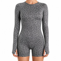 Combinaison de yoga une pièce à imprimé léopard, manches longues, dos ouvert, rembourrée, en nylon et élasthanne, tailles XS-XL, pour la gym, avec LOGO