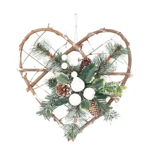 Decoración colgante de puerta de fábrica, adorno con forma de corazón, conos de pino, corona de madera de Navidad