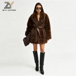 <span class=keywords><strong>Manteau</strong></span> élégant Zeyu pour <span class=keywords><strong>femme</strong></span> en fausse fourrure de renard marron chocolat, mi-long, ceinturé, col à revers oversize, pour l'<span class=keywords><strong>hiver</strong></span>, les fêtes et le quotidien - Product Image 1