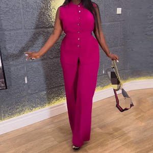 Women's Stand-up Collar Button-up Sleeveless Waist-tie <b>Top</b> Wide-leg Pants 2-piece Set Fashion - Product Image 1
