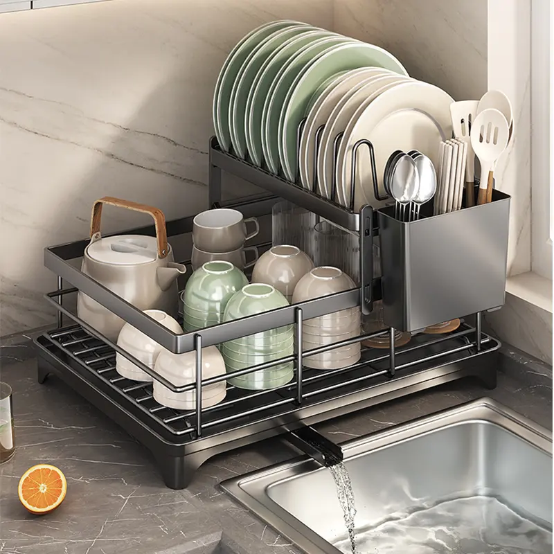 2024 New style double layer dish drain rack Kitchen metal tableware storage holder sink bowl plate organize rack