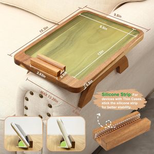 Tables d'accoudoir de canapé <span class=keywords><strong>en</strong></span> bois d'acacia avec rotation <span class=keywords><strong>à</strong></span> 360° °   Support de téléphone, plateau portable pour accoudoir de canapé pour boissons et collations - Product Image 5