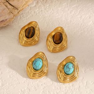 Geometric <b>Stud</b> <b>Earrings</b> With Natural Stone Bezel Setting Stainless Steel For Women Irregular Folds Design - Product Image 1