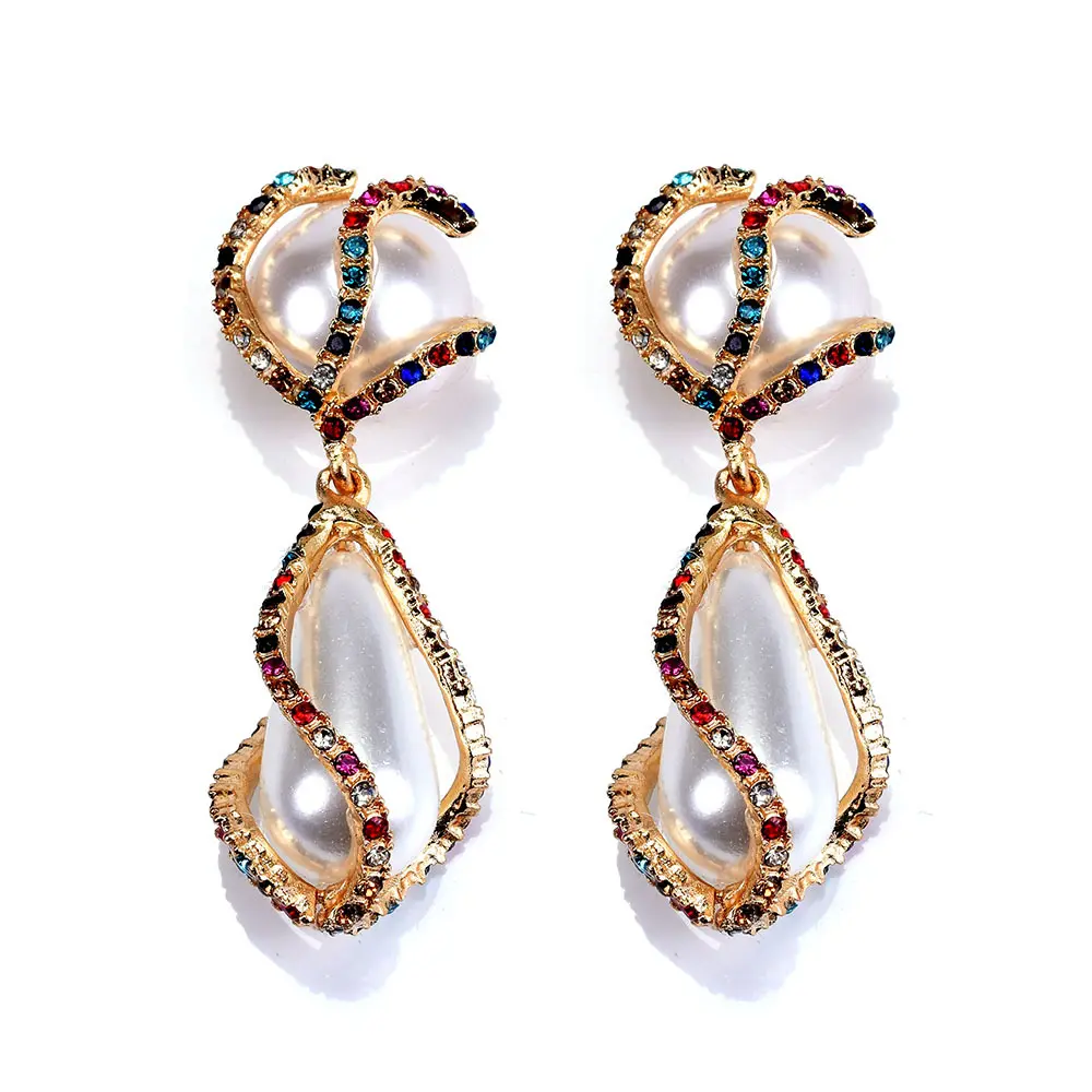 Pendientes de tuerca trenzados con perlas de cristal de colores para mujer, <span class=keywords><strong>joyería</strong></span> larga, pendientes de perlas