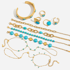 Turquoise Jewelry <b>Set</b> Stainless Steel Women's Geometric Design <b>Bracelet</b> Necklace Rings Earrings Fashion Accessory - Product Image 1