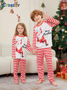 New <strong>Plus</strong> <strong>Size</strong> Polyester Pullover Women Men Kid Home Wear Santa Claus Letter Printed Red Stripe Family Matching <strong>Xmas</strong> Pajamas - Product Image 2