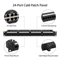 Panel de Conexiones Cat6 Integrado de 24 Puertos con Barra de Soporte Trasera 1U 19" para Montaje en Rack, Organizador de Ethernet Gigabit, Marco de Distribución CNTA PA66