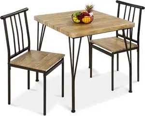 三件套现代厨房餐桌套装，用于厨房餐厅的2个金属和木质方形餐桌