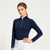 Damen-Reitpoloshirt in Marineblau mit Stehkragen, Knopfleiste, Weißer Paspelierung, Atmungsaktivem Mesh, für Reitwettbewerbe, OEM-Anpassung