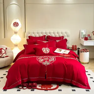 Juego de Cuatro Piezas de Ropa de Cama de Estilo Chino de Alta Gama, Color Rojo Brillante, 100% Algodón, Fundas de Almohada, 300 Hilos, Personalizable - Product Image 6