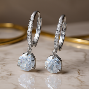 Boucles d'oreilles pendantes élégantes pour femmes, plaquées rhodium, avec cristaux ronds sertis griffe, bijoux de mode classiques pour mariage - Product Image 2