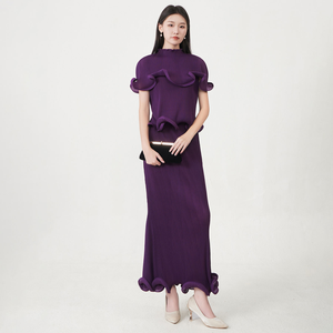 มิยาเกะชุดราตรีมิดิจีบพลีท คอปกกะลาสี แขนยาว สไตล์เกาหลี ไซส์เดียว - Product Image 3