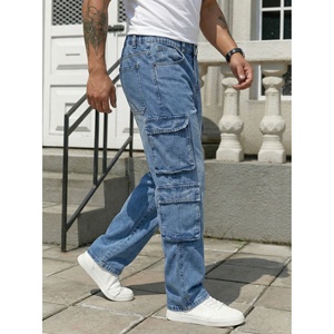 Jeans de Mezclilla Cargo Holgados para Hombre, Color Azul Claro, Cintura Media, Tela de Algodón Lavada - Product Image 1