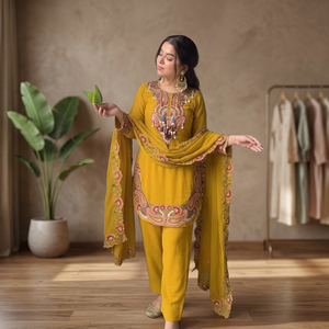 Nuevo Traje Salwar Farshi de Diseñador para Mujer, para Bodas y Fiestas de Diwali, en Georgette Antiarrugas con Bordado de Hilo Reversible - Product Image 1