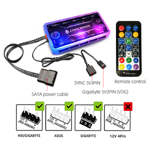 <span class=keywords><strong>Coolmoon</strong></span> สปอตสินค้าอุปกรณ์เสริมคอมพิวเตอร์เครื่องควบคุมเพลงพัดลม PC ศูนย์ควบคุม6PIN แหล่งจ่ายไฟ SATA <span class=keywords><strong>RGB</strong></span> ตัวควบคุมไร้สาย - Product Image 2