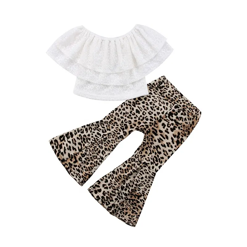 Neue design kinder kleidung off schulter set weiß spitze tops spiel leopard hosen outfit mädchen sommer herbst outfits