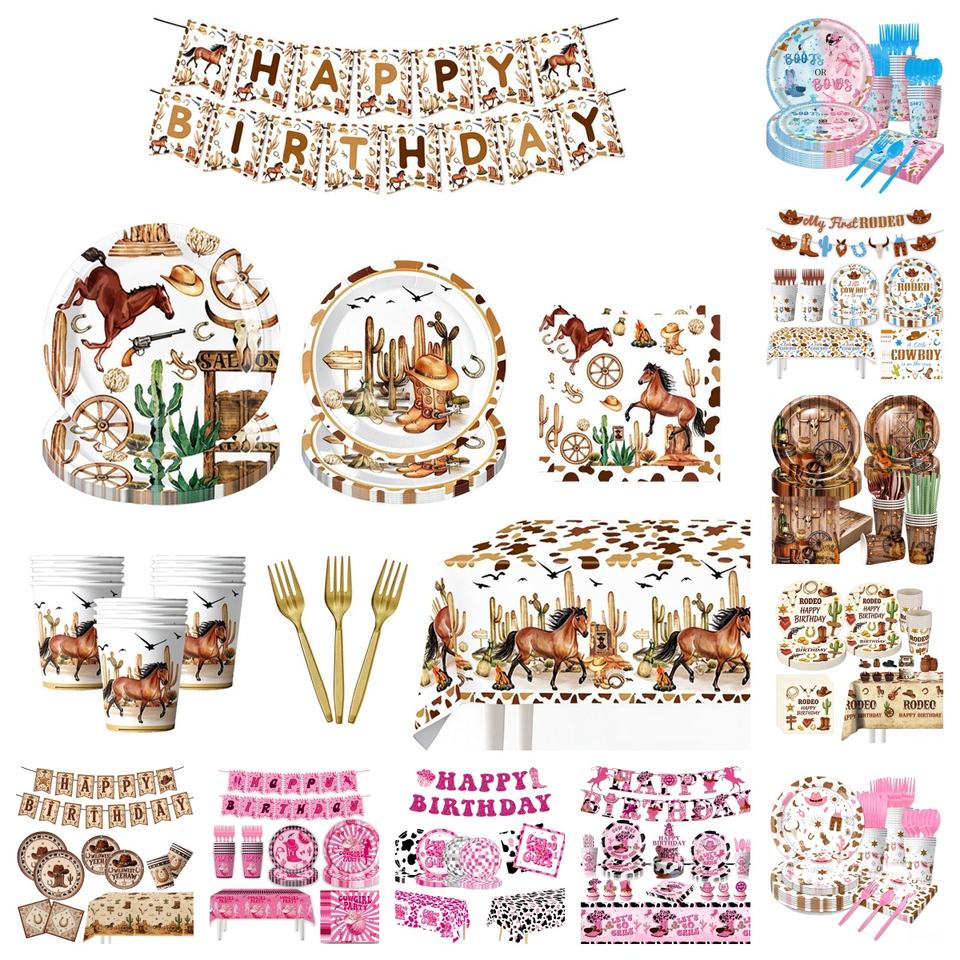 Gradution Banner Sample Cartoon Western Cowboy Theme Disposable Party Tableware Set Cowboy ...
