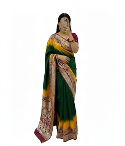 Green Floral Saree With Gold Border Modern Indian Women <b>Dress</b> Traditional draped apparel for Party Festival Wear - Product Image 1