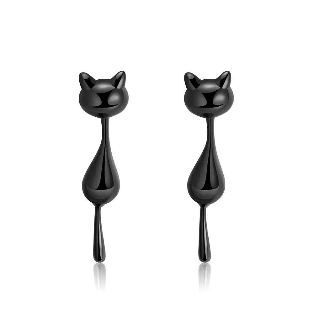 Feiner Schmuck individuelles Design 925 Sterling-Silber vergoldete schwarze Katzen-Ständer-Ohrringe