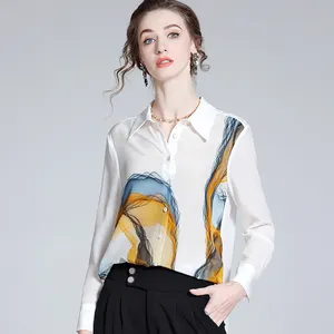 High Quality ladies office wear tops womens white blouses floral printed silk stretch satin mulberry silk shirt