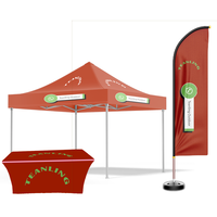 Ensembles de tentes pliantes, drapeaux plume et housses de table, taille ouverte 10x10FT, hauteur du drapeau 3.4M, housse de table 6FT, logos personnalisés, impression intégrale