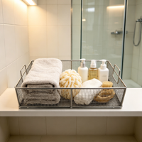 Plateau de rangement rectangulaire en maille d'acier inoxydable 304, durable et flexible, avec poignées latérales, pour l'organisation des armoires de salle de bain et de cuisine