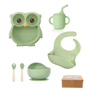 BPA-Free Custom Printed Cartoon Animal Silicone Baby Feeding Set Kids Dining Tableware with Suction Bowl and Divided <strong>Owl</strong> <strong>Plate</strong> - Product Image 6