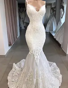 Hign-end Soft Satin Beaded Wedding Gown Spaghetti Strap Backless Mermaid Wedding Dress