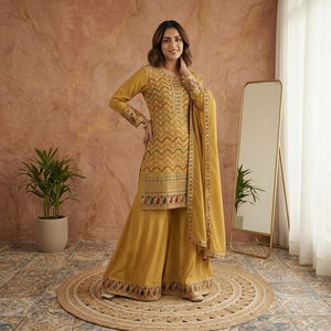 Ensemble Salwar traditionnel brodé doré avec dupatta, coupe ample longue jusqu'au sol, tenue indienne et pakistanaise pour femme - Product Image 1