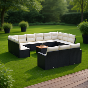 Ensemble de canapés de jardin noir et crème avec coussins, mobilier d'extérieur résistant aux UV, rotin PE, design contemporain, imperméable - Product Image 2