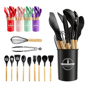 Ensemble d'ustensiles de cuisine écologiques multicolores de 12 pièces, manche en bois, résistant à la chaleur, passe au lave-vaisselle, ensemble de spatules en silicone - Product Image 1