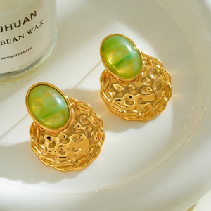 Boucles d'oreilles clous ovales en résine martelée, plaquées or 18 carats, en acier inoxydable 304, électroplaquées sous vide, style décontracté et simple pour femmes - Product Image 5