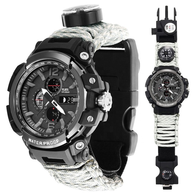Outdoor Survival Watch Mens Tactical Multi-Functional Adjustable Wristband Waterproof Sports Dual Dial Watches