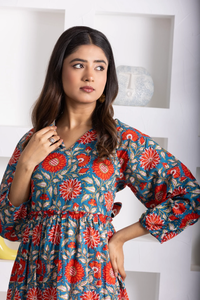 Cotton Midi Turquoise Floral Dress for <b>Women</b> with Ruffle Sleeves Hand Block Print Boho Summer Vacation Holiday Resort Outfit - Product Image 4
