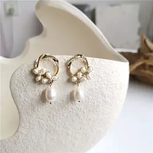Korean style elegant gold plated brass fashion drop real freshwater pearl 14k earrings for women