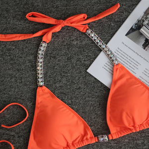 Conjunto de Bikini de Dos Piezas para Mujer, Color Sólido, con Pedrería, Triangular, con Tiras Laterales, Tanga Brasileña, Halter con Cristales, para Playa - Product Image 6