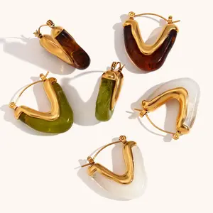 3 Couleurs Ambre Vert Clair Boucles d'Oreilles Acrylique Solide Forme V Boucles d'Oreilles Vintage Plaqué Or Bijoux Femme