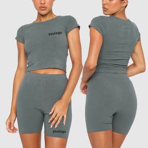 Femmes été décontracté deux pièces ensemble côtelé vélo Shorts haut court avec décoration brodée col montant motif solide bébé t-shirt - Product Image 3