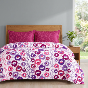 Juego de Ropa de Cama de Satén 100% Algodón, Tamaño Queen, Bordado Floral Blanco y Morado - Product Image 3