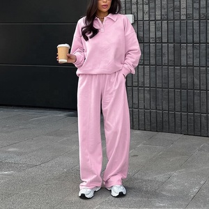 بدلة رياضية قصيرة بدلة رياضية للنساء ليلة من قطعتين وردي Collared طقم بنطال رياضي فضفاض بأكمام طويلة - Product Image 1