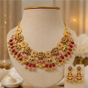Elegante conjunto de collar y aretes de plata 925 con cuentas rojas y rosas, joyería nupcial india tradicional para mujeres. - Product Image 4