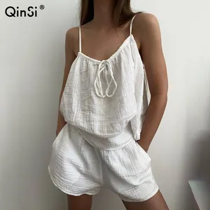 QINSI 2024 New Style Cotton Sexy Nightgown Neck Hanging Pajamas Sets Sleeveless Double Layer Yarn Shorts Set Women's Sleepwear