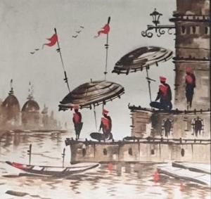 Peinture sur toile acrylique peinte à la main ARTHUB SHILPA RANDER Banaras Ghat, paysage classique, œuvre d'art d'intérieur, rouge - Product Image 1