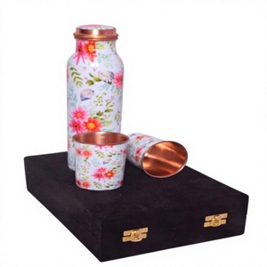 Abstract Art Multicolor Printed Pure Copper Water Bottle 2 Glass Set Premium Velvet Presentation <b>Box</b> Ayurvedic Drinkware - Product Image 1