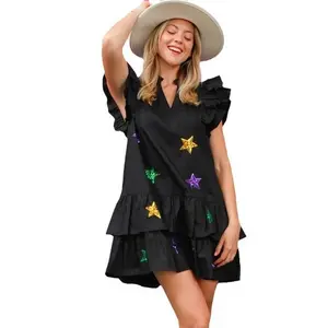 Spring and summer new European and American women's star sequins sweet layered V-neck dresses