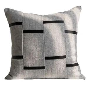 Modern Luxury Model Room Nordic INS Grey White Cotton Hemp Black PU Sticker Throw Pillow Sofa Cushion Cover Headrest Pillow