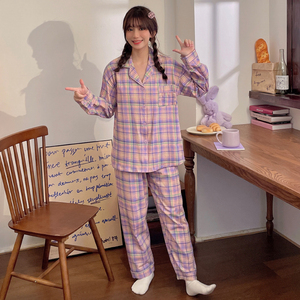 Ins Violet Plaid Pyjamas Printemps et Été Rétro Japonais Plaid Filles À L'extérieur Confortable Revers <span class=keywords><strong>Homewear</strong></span> - Product Image 6