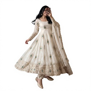 Traje Anarkali Tradicional de Seda para Mujer, Bordado, Largo hasta el Suelo, Estilo India Pakistán, Blanco, Corte Holgado, para Bodas - Product Image 1