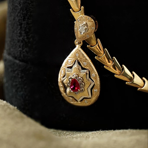 Italian Classic 18k Yellow <strong>Gold</strong> White Real <strong>Solid</strong> <strong>Gold</strong> Hollow-out Milgrain Natural Blood Ruby Pear Natural Diamond <strong>Pendant</strong> - Product Image 2