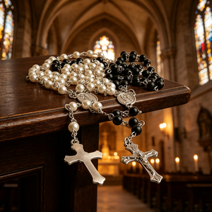 Elegante rosario católico de cuentas de acrílico de colores con San Benito, cruz de Santiago y corazón de Jesús. - Product Image 5